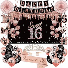 16Th Birthday Decorations for Girls, 33Pcs Sweet 16 Crown and Sash, Black Rose G