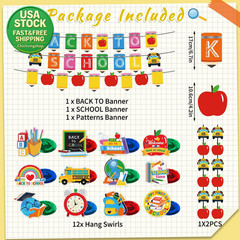 17Pcs Back to School Decorations Set Banners Hanging Swirls Garland Classroom