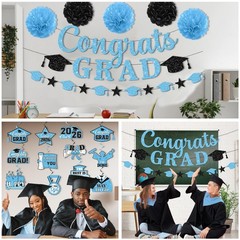 Light Blue Graduation Decorations 2026 – Congrats Grad Banner & Hanging Swirls f