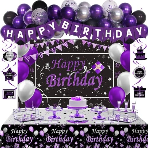 Black Purple Birthday Decorations for Women Girls Men, Purple and Silver Party