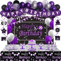 Black Purple Birthday Decorations for Women Girls Men, Purple and Silver Party