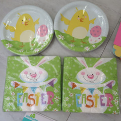 Large Easter Spring Bunny Party Supply Lot Napkins plates table cloths Bags Pan