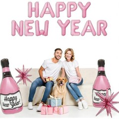 16 Pcs Pink New Year Champagne Bottle Balloons Happy New Year Banner Star NYE