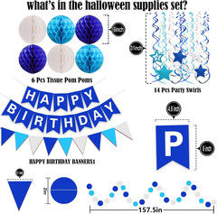 FECEDY Navy Blue Happy Birthday Paper Banner Flag Bunting Circle Confetti Garlan