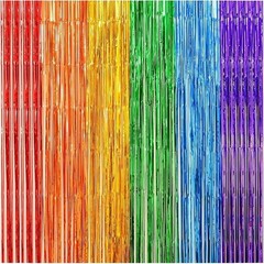 2 Pack Rainbow Foil Fringe Curtains 3.3×6.6 Ft Metallic Tinsel Backdrop Party…
