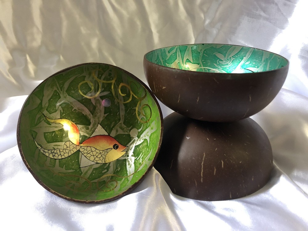3 Coconut Shell Bowls Hand Painted Dragonflies Lotus Flower Gold Fish Luau Party