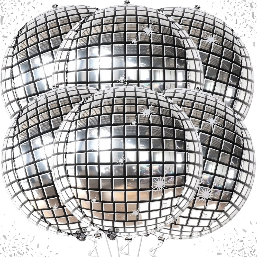 Katchon, Silver Disco Ball Balloons -22 Inch, Pack Of 6 | 4D Sphere Ba