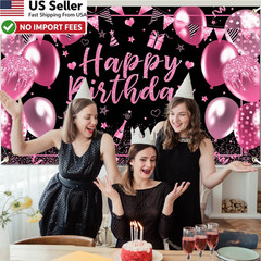 Pink & Black Happy Birthday Banner Backdrop 6×3.6ft Decorations Men Women Kids