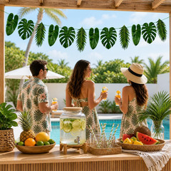 Tropical Leaf Garland Banner Decorations, Pre-Strung Cardboard Monstera Palm Lea