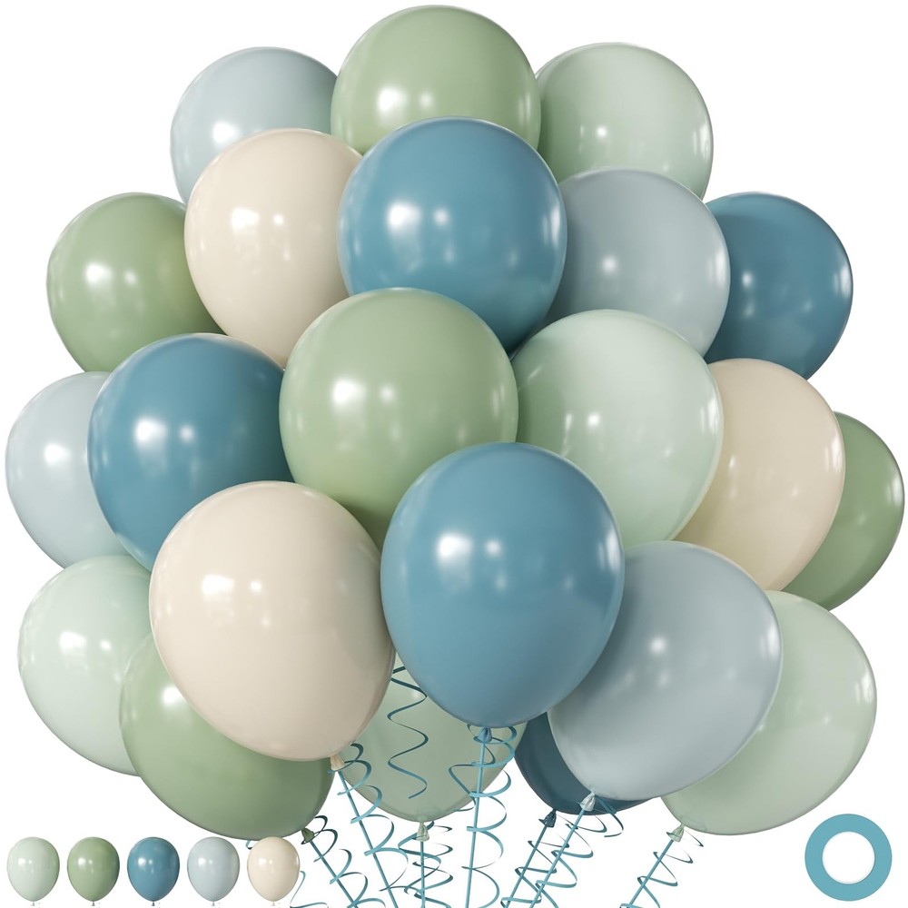 Sage Green Dusty Blue Balloons, 60Pcs 12 Inch Sage green Dusty blue Light Gre…