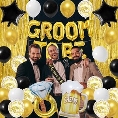 Gold Bachelor Party Decorations – Groom To Be Banner, Satin Sash, Fringe Curtain