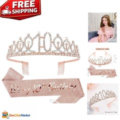 Sparkling 10th Birthday Crown & Rose Gold Sash Set – Princess Style Celebration