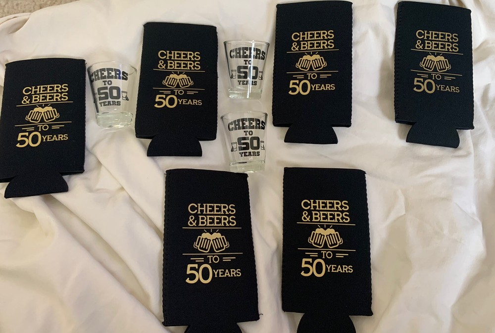 6 Cheers&Beers to 50 Years 50th BD Coozies BLACK GOLD, 3 Shot Glasses & Stickers