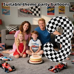 40 Inch Checkered 3 Balloons, Black and White Foil Number 3 Balloons for Race…