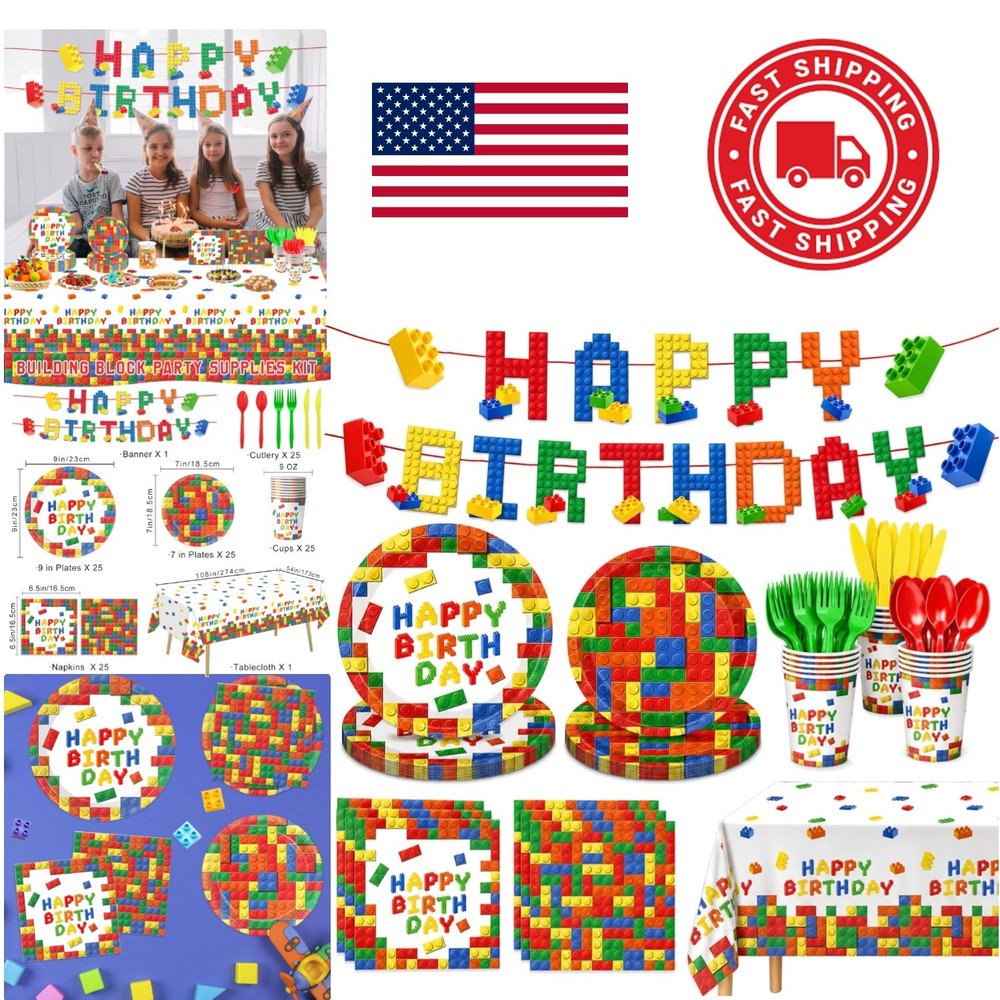 25 Count Building Block Birthday Party Set Paper Plates Cups Napkins Tablecloth
