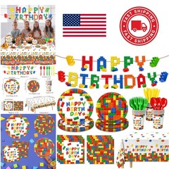 25 Count Building Block Birthday Party Set Paper Plates Cups Napkins Tablecloth