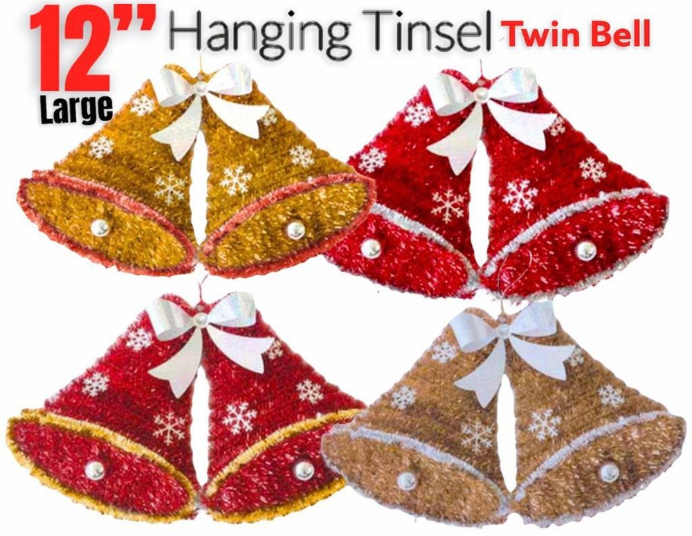 Large Twin Bells Front Door Hanging Tinsel Christmas Wall Decorations Santa Gift
