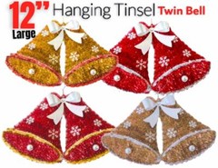 Large Twin Bells Front Door Hanging Tinsel Christmas Wall Decorations Santa Gift