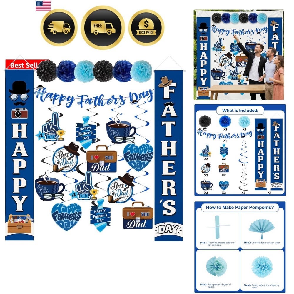 Fathers Day Decorations Kit Banner Swirls Pom-Poms Party Supplies Home