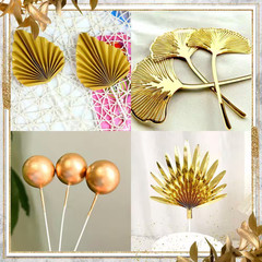 Champagne Rose Bohemian Cake Decoration Set Gold Palm Leaves White Gold Balls Ca