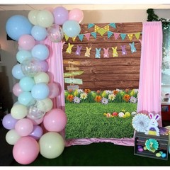 Spring Easter Photography Backdrop Wooden Board Green Grass Flower Egg 7ft x 5ft