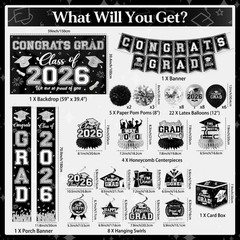 Class of 2026 Graduation Decorations Black & Silver All-in-1 Banner Balloon Kit