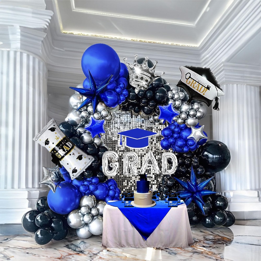 Royal blue black silver graduations Balloon Garland Arch Kit 130Pcs with Silv…