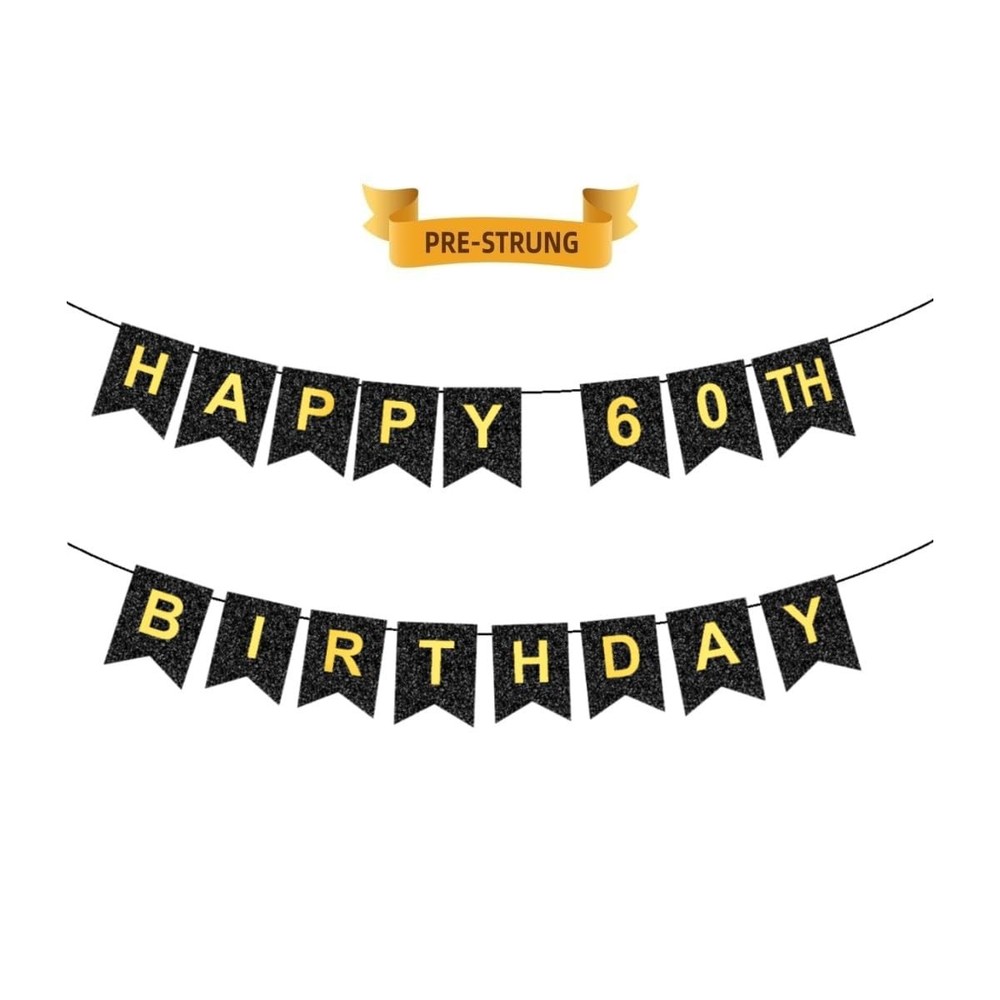 HAPPY 60TH BIRTHDAY Banner, Pre-Strung, Black Gold 60th Birthday Party Decora…