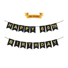 HAPPY 60TH BIRTHDAY Banner, Pre-Strung, Black Gold 60th Birthday Party Decora…