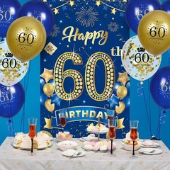 Complete 60th Birthday Decor – Navy Blue & Gold Banner with 18 Balloons Included