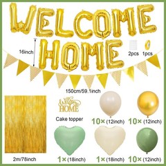 Sage Green & Gold Welcome Home Decorations, Balloon Banner, Heart Foil Balloons,
