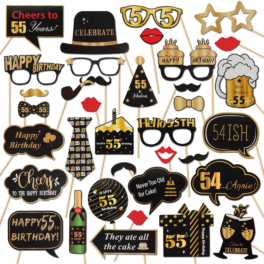 Happy 55th Birthday Party Photo Booth Props Cheers 36 PCS Gold Letter Print