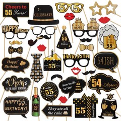 Happy 55th Birthday Party Photo Booth Props Cheers 36 PCS Gold Letter Print