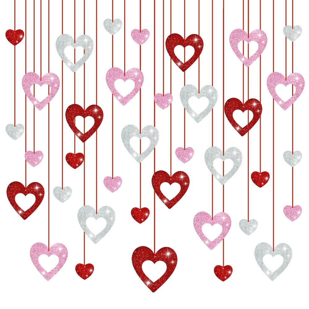 36 Pcs Valentine’s Day Decorations Glitter Heart Hanging Swirls – No DIY Red
