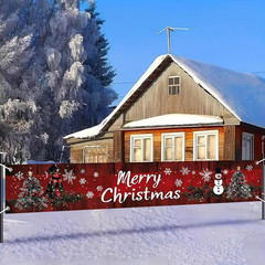 Merry Christmas Banner 118X20 Inches Rustic Red Wood Backdrop Snowflakes Snowman