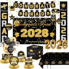 Graduation Party Supplies 2026 Black Gold Banner Backdrop Balloons Card Box