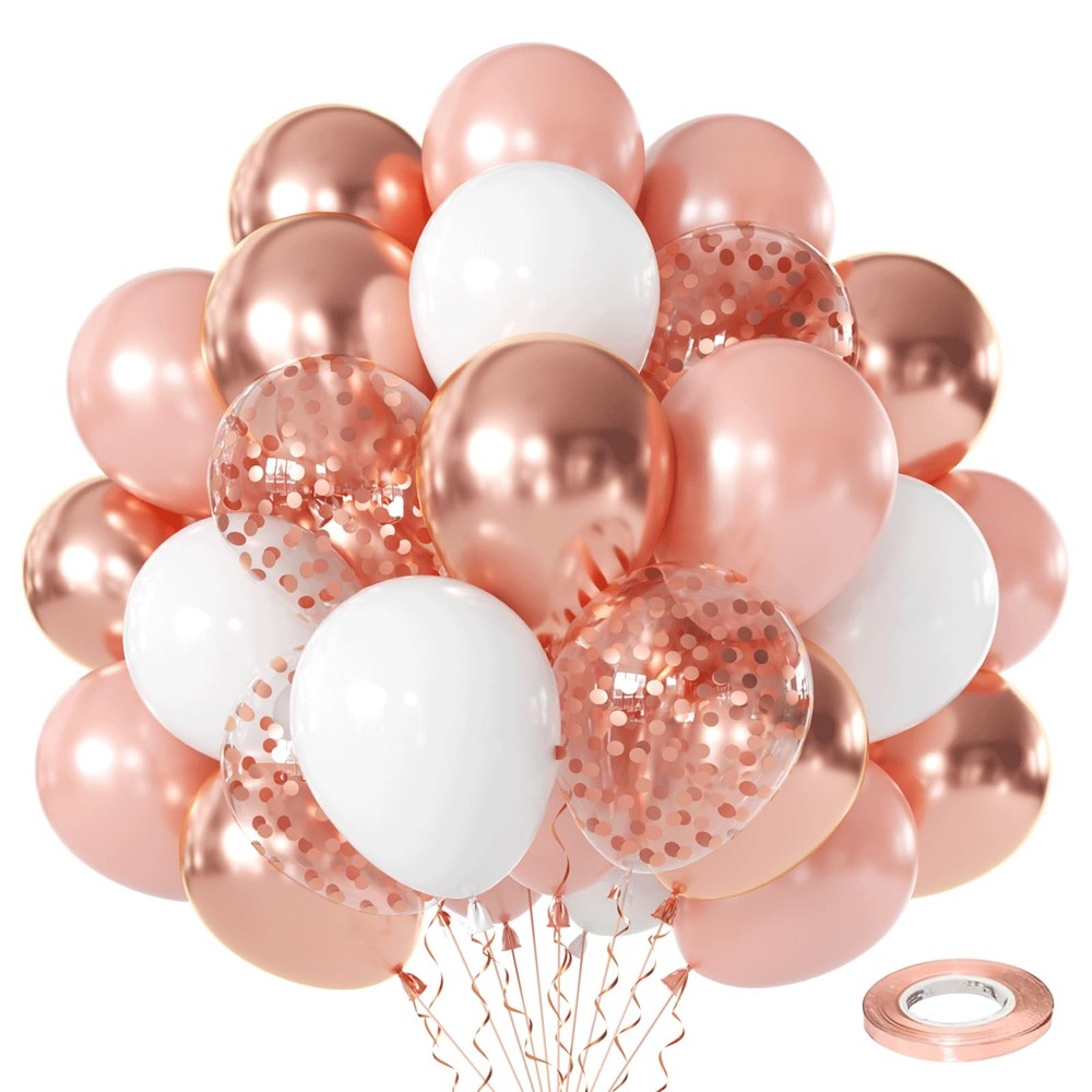 Rose Gold Confetti Balloons – 50pcs 12 Inch Metallic Rose Gold and White Late…