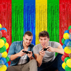 2 Pack Red Green Blue Yellow Foil Fringe Curtains Tinsel Backdrop Streamer
