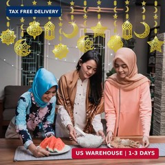 AhfuLife Eid Mubarak Hanging Decorations for Home, 6 Pcs Pre-Tied Hanging Golden