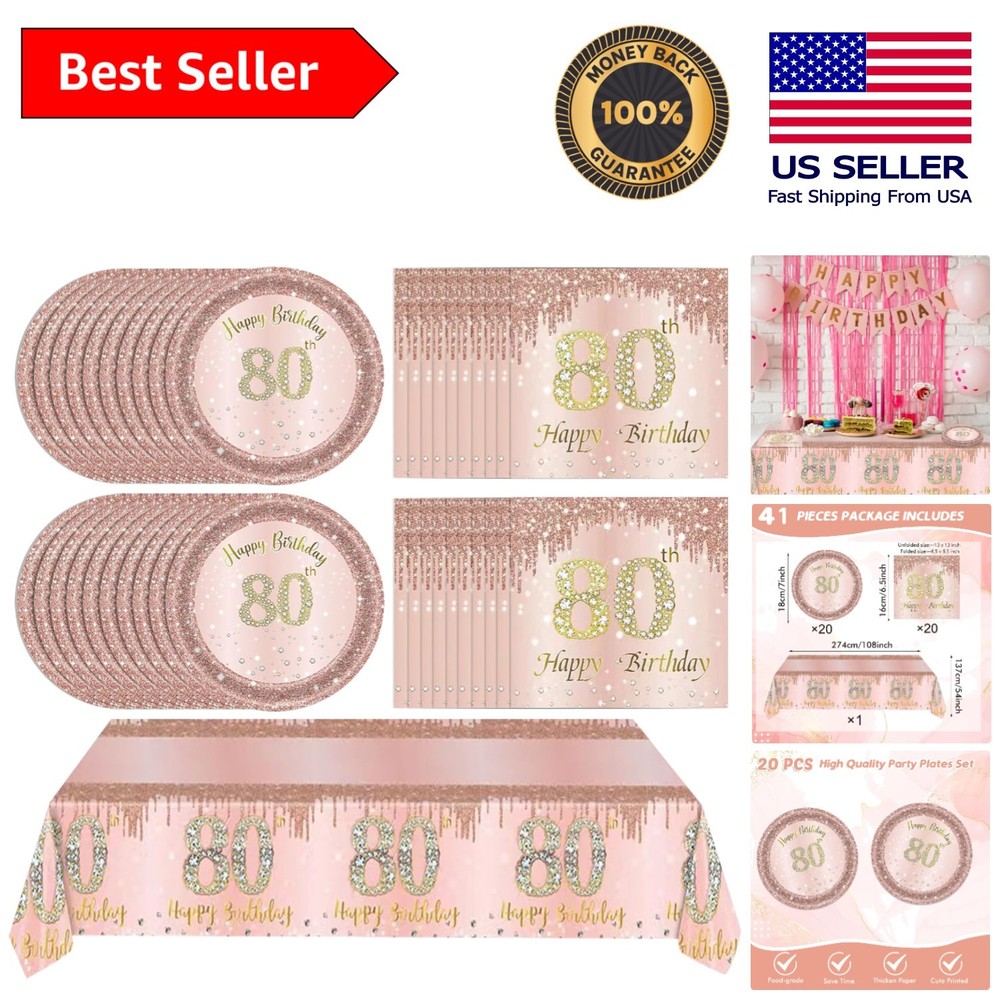 Celebrate in Style – 41Pcs Rose Gold 80th Birthday Tableware for Elegant Events