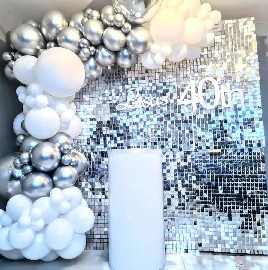 Silver Shimmer Wall Backdrop 20 pcs and Silver White Balloon Garland