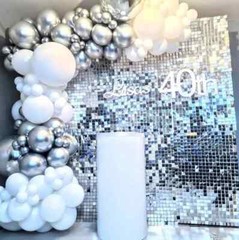 Silver Shimmer Wall Backdrop 20 pcs and Silver White Balloon Garland