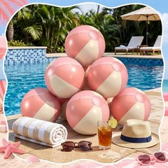 6 Pieces Beach Balls Bulk- 17 Inch Inflatable Pool Balls, PVC Pink and White