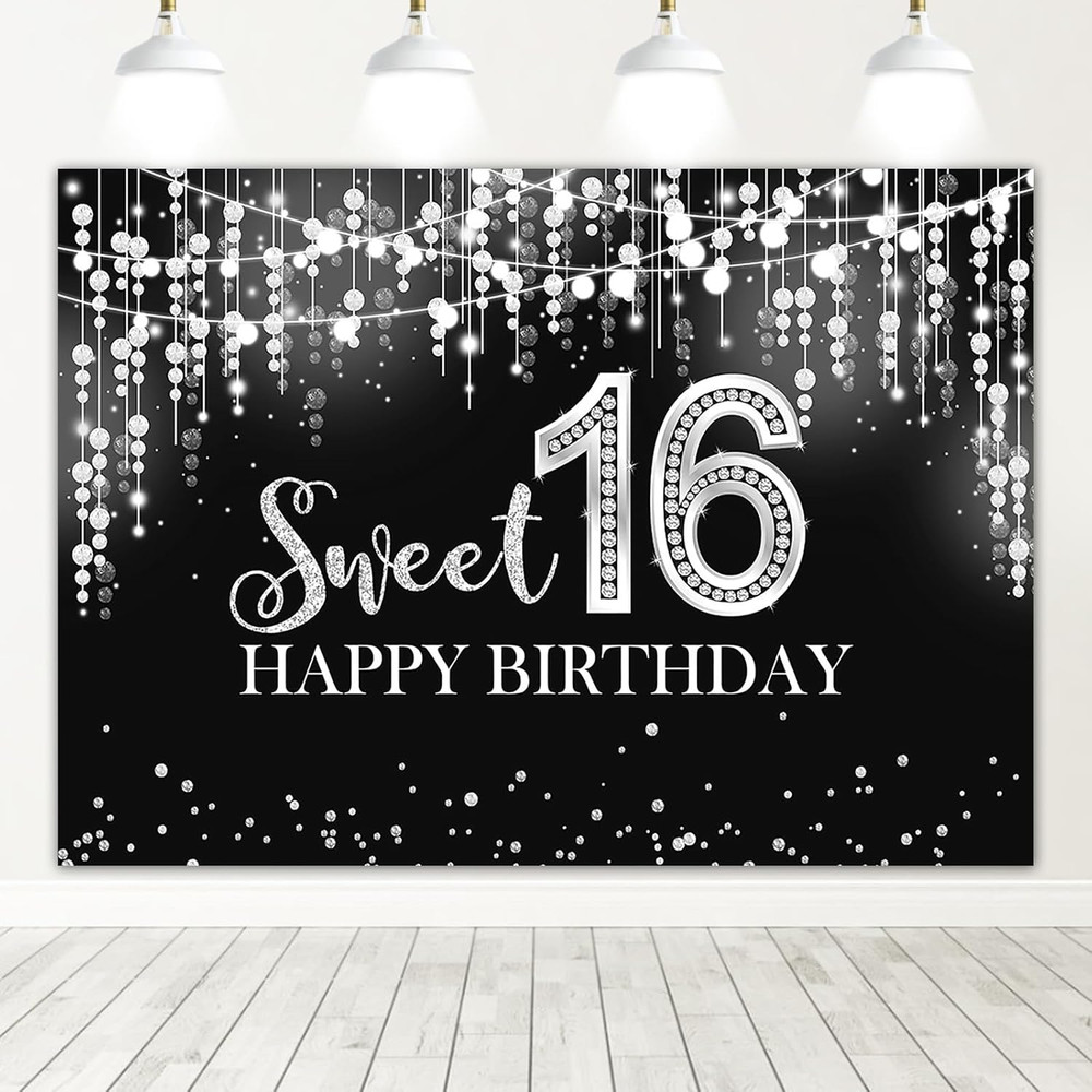 Mocsicka Sweet 16 Birthday Backdrop Glitter Silver Sweet Sixteen Background Girl