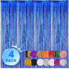 4 PCS Blue Foil Fringe Backdrop Curtains Tinsel Streamers Birthday Party Decor