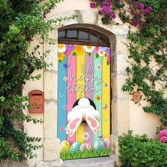 Happy Easter Decorations Colorful Eggs Flowers Bunny Door Cover Banner 35×72″