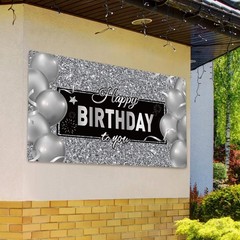 Sumind Happy Birthday Banner Black Silver– Party Backdrop for Photo 72.8″x43.3″