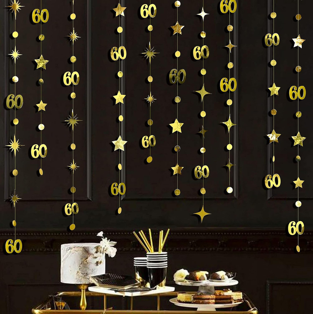 Gold 60Th Birthday Decorations Number 60 Circle Dot Twinkle Star Garland Metalli