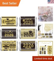 Congrats Grad Mini Candy Bar Wrapper Set – 90 Black and Gold Graduation Labels