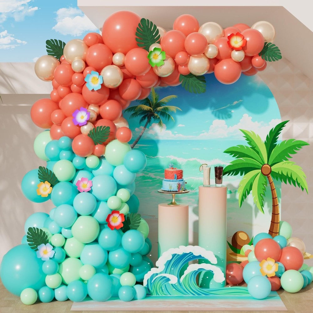 151pcs Tropical Balloon Arch Kit, Coral Red Teal Pastel Green Blue Pearl Gold…